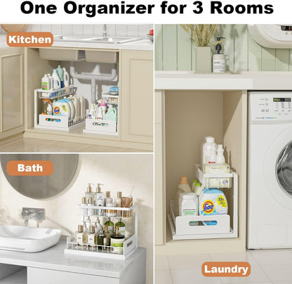 REALINN Under Sink Organizer, L-Shaped 2 Tier Pull Out Cabinet Organizer for Kitchen and Bathroom, Slide Out Under Cabinet Storage, Metal Under Sink Storage with Sliding Drawer, 50 lbs, Black 2 Pack