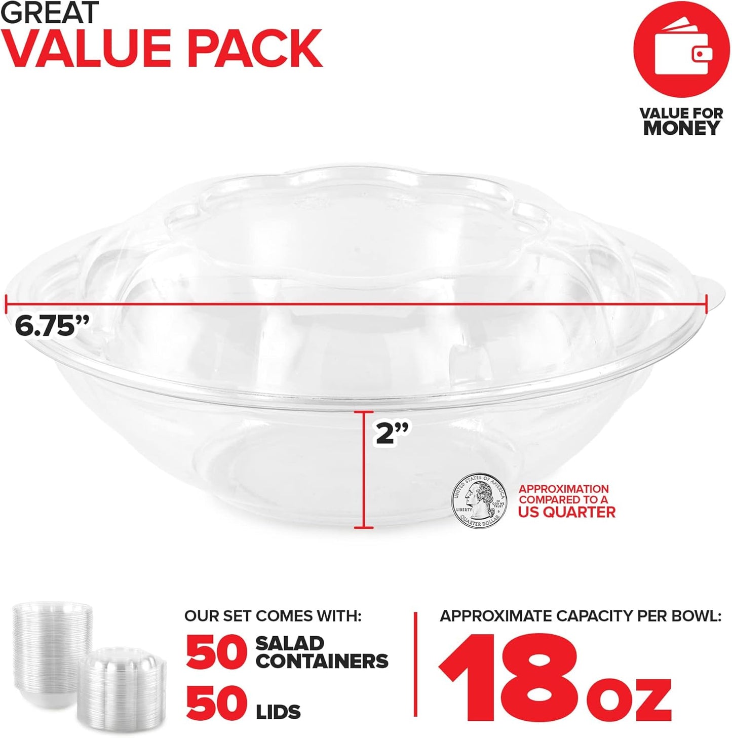 Stock Your Home 32oz Clear Plastic Salad Bowls with Lids Disposable (50 Pack) Medium Takeout Container with Snap on Lid for Fruit Salads, Quinoa, Lunch and Meal Prep, Acai Bowl, To-Go Party Containers
