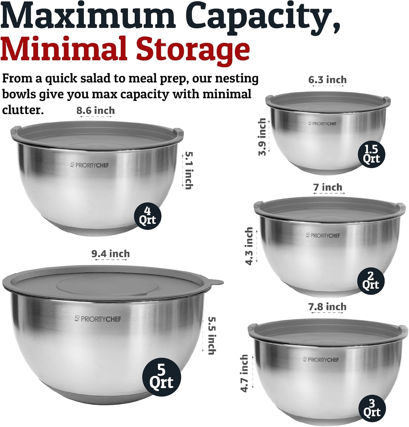 Priority Chef Stainless Steel Mixing Bowls with Lids Set, Metal Nesting Bowls with Airtight Lids, Graters, Non-Slip Base & Measurement Marks, Includes Utensil Set for Prep, Baking & Storage, Black
