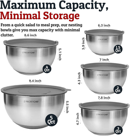 Priority Chef Stainless Steel Mixing Bowls with Lids Set, Metal Nesting Bowls with Airtight Lids, Graters, Non-Slip Base & Measurement Marks, Includes Utensil Set for Prep, Baking & Storage, Black