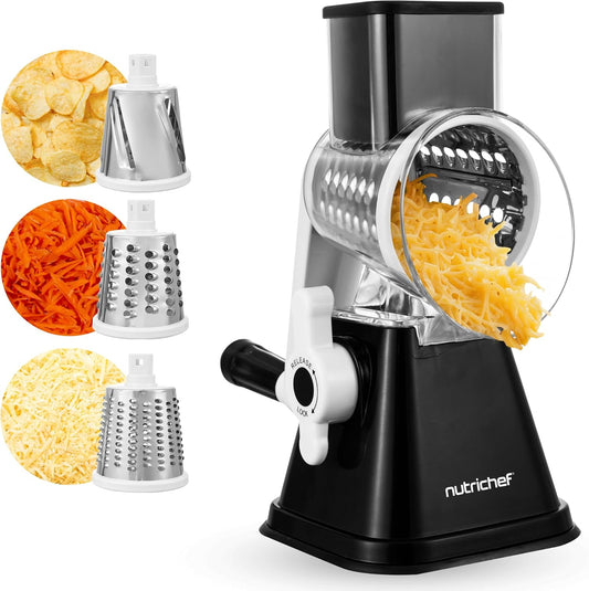 NutriChef 3 in 1 Cheese Grater & Shredder | Strong Suction Base, Rotary Handle with Safety Lock | Includes Hand Crank & 3 Drum Blades for 3 Textures, Fine, Medium & Strips | White