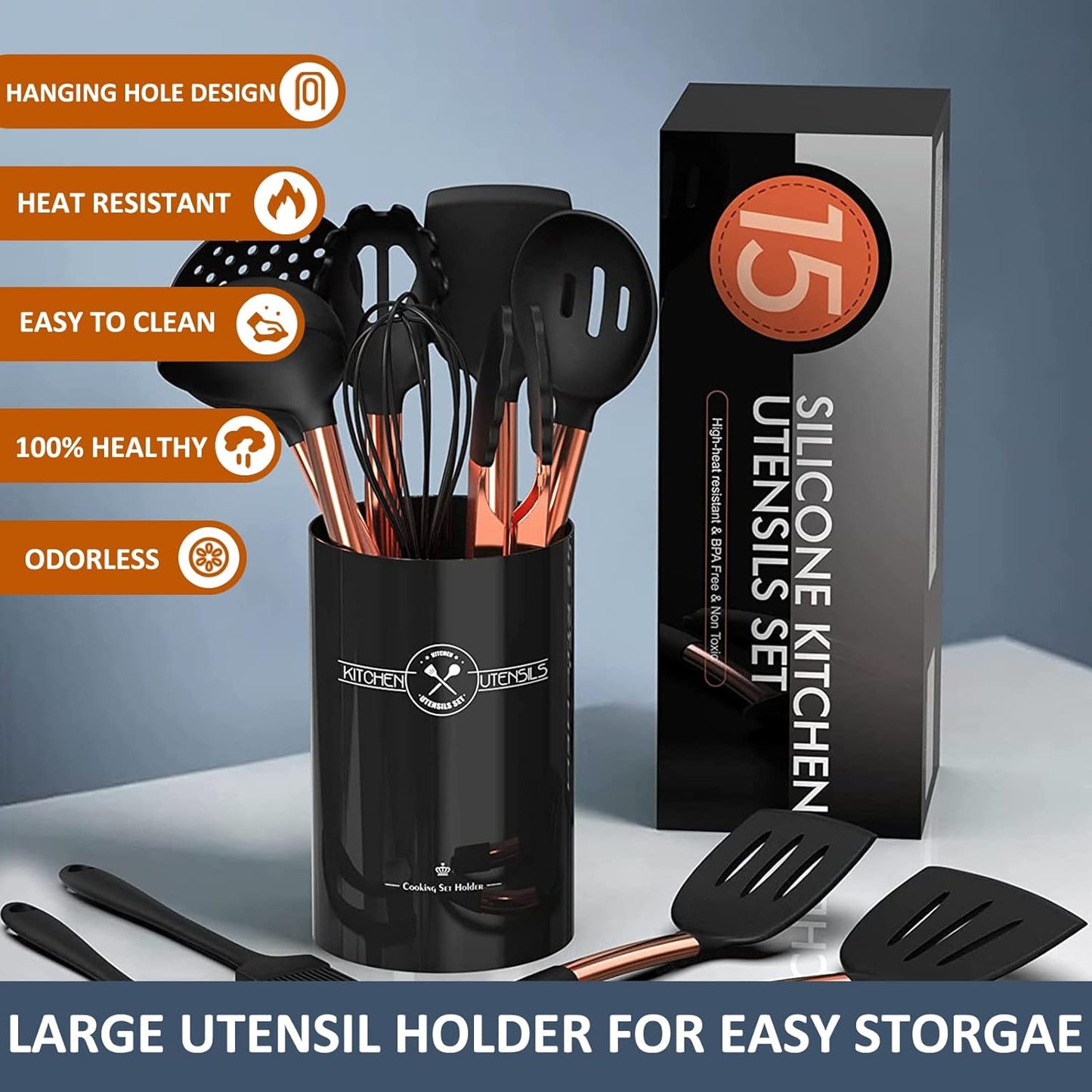 Silicone Cooking Utensil Set, Umite Chef 15pcs Silicone Cooking Kitchen Utensils Set, Non-stick - Best Kitchen Cookware with Stainless Steel Handle - Black Kitchen Utensils