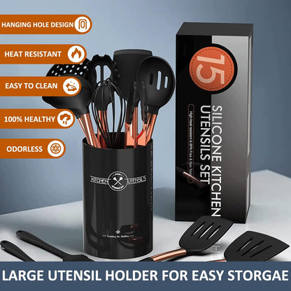 Silicone Cooking Utensil Set, Umite Chef 15pcs Silicone Cooking Kitchen Utensils Set, Non-stick - Best Kitchen Cookware with Stainless Steel Handle - Black Kitchen Utensils