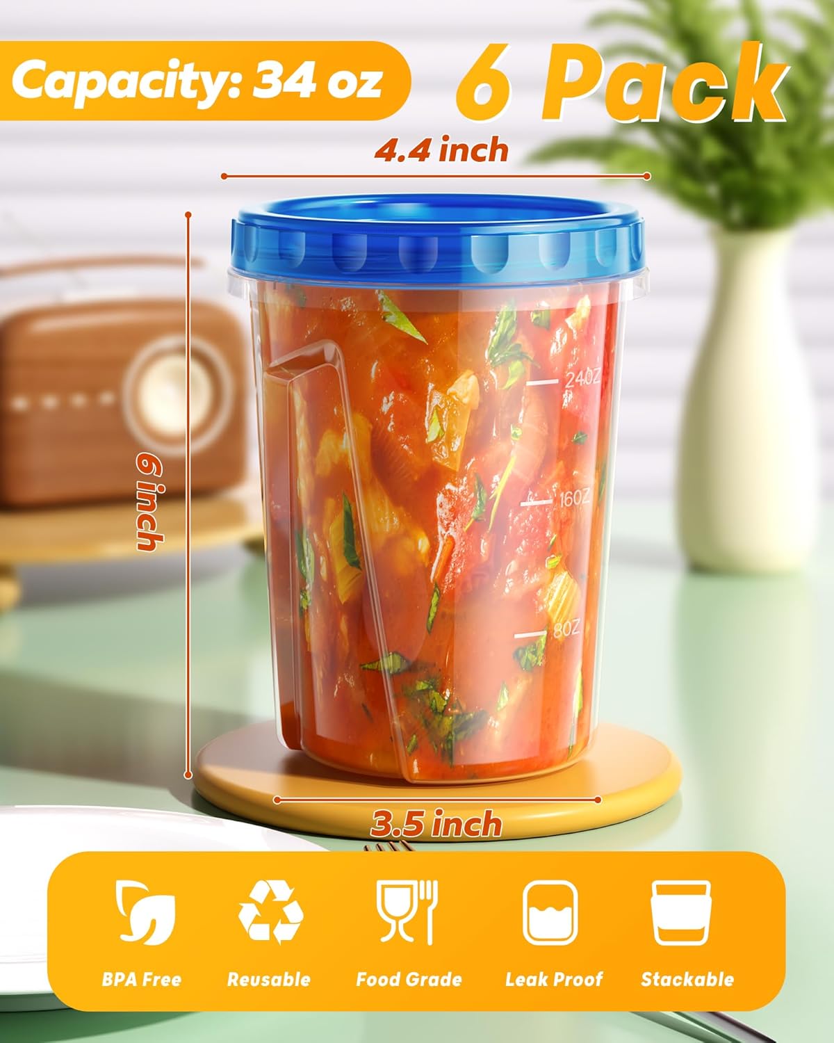 BiuLeon 6 Pack-24 oz Freezer Storage Containers, Plastic Food Storage Containers with Twist Top Lids, BPA Free and Reusable Soup Containers with Lids, Leakproof/Microwave/Dishwasher Safe