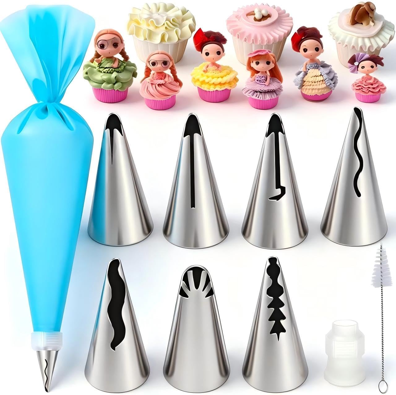 8 Pcs Rose Flower Piping Tips Set,Petal Icing Tips,PipingRose Nozzle,Stainless Steel Cake Decorating Pastry Tools, for CakeDecorating,with A Cleaning Brush (Rose-8pcs)