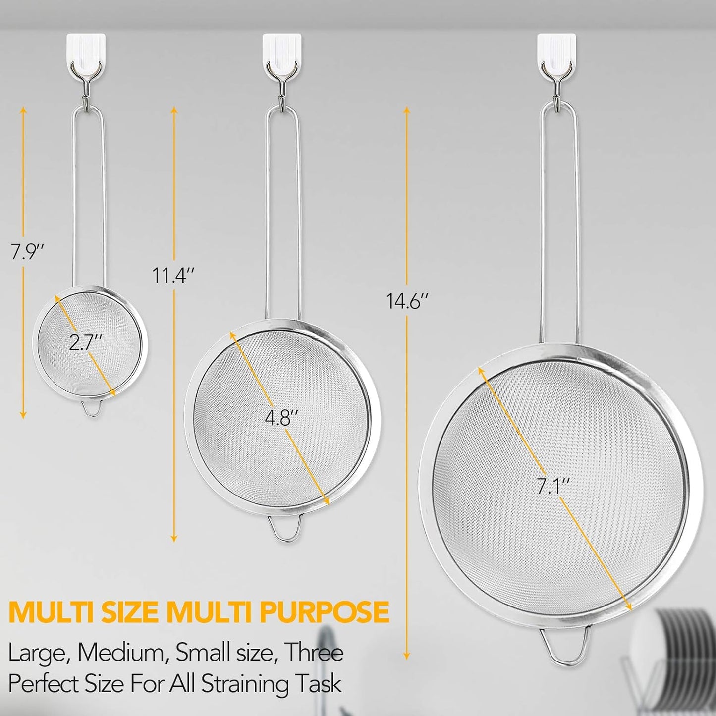 Kitchen Fine Mesh Strainers, KINMAD 3 Pcs Stainless Steel Mesh Strainer with Handle, 2.7"+4.8"+7.1"- Ideal to Strain Pasta, Noodles, Quinoa, Tea, Sift & Sieve Flour & Powdered Sugar