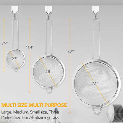 Kitchen Fine Mesh Strainers, KINMAD 3 Pcs Stainless Steel Mesh Strainer with Handle, 2.7"+4.8"+7.1"- Ideal to Strain Pasta, Noodles, Quinoa, Tea, Sift & Sieve Flour & Powdered Sugar