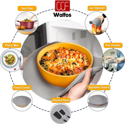 Walfos Silicone Trivet Mats - 4 Heat Resistant Pot Holders, Multipurpose Non-Slip Hot Pads for Kitchen Potholders, Hot Dishers, Jar Opener, Spoon Holder, Food Grade Silicone & BPA Free (Black)