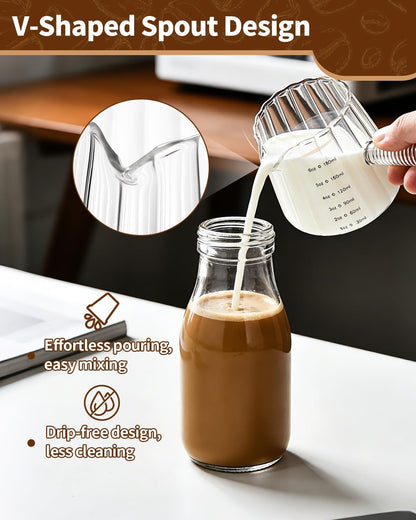 2 Pack Espresso Measuring Cup, 6oz Borosilicate Glass Espresso Cups with Wood Handle, V-Shaped Spout Milk Frothing Cup for Coffee, Tea, Syrup – Dishwasher Safe