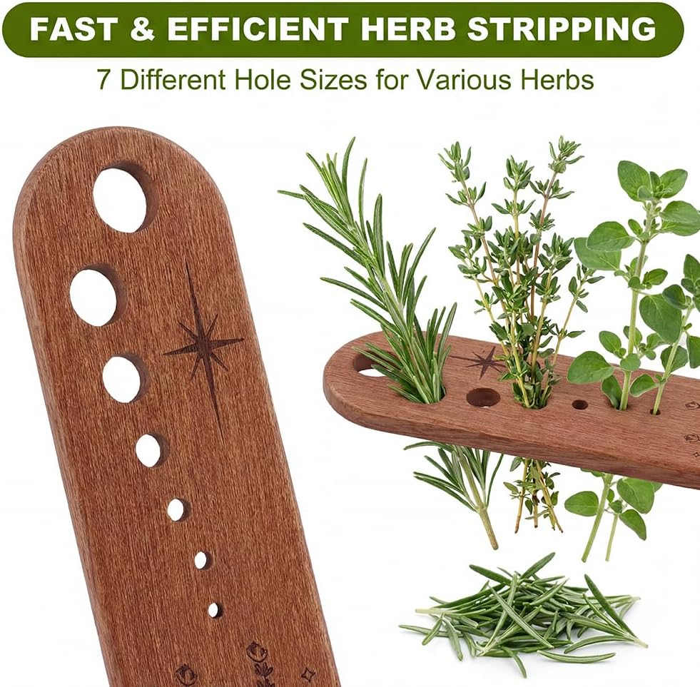 2Pcs Wooden Vegetable Leaf Separator, 7-Hole Stainless Steel Herb Peeler for Quick Leaf Stripping, Rosemary Stripper for the Kitchen Suitable for Home Use & Chefs