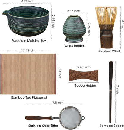 Matcha Whisk Set, 7-Piece Matcha Kit with Ceramic Bowl, Bamboo Whisk, Scoop, Sifter, Holder & Bamboo Mat – Premium Matcha Tea Set for Beginners & Matcha Lovers, Gift Ready