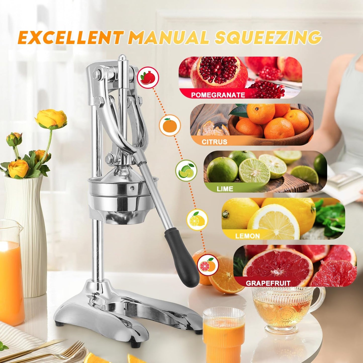 Moongiantgo Commercial Manual Juicer, Heavy Duty Hand Press Juice Extractor with 2 Reusable Fruit Bags, Easy to Clean Professional Fruit Squeezer for Citrus Orange Lemon Lime Pomegranate Grapefruit