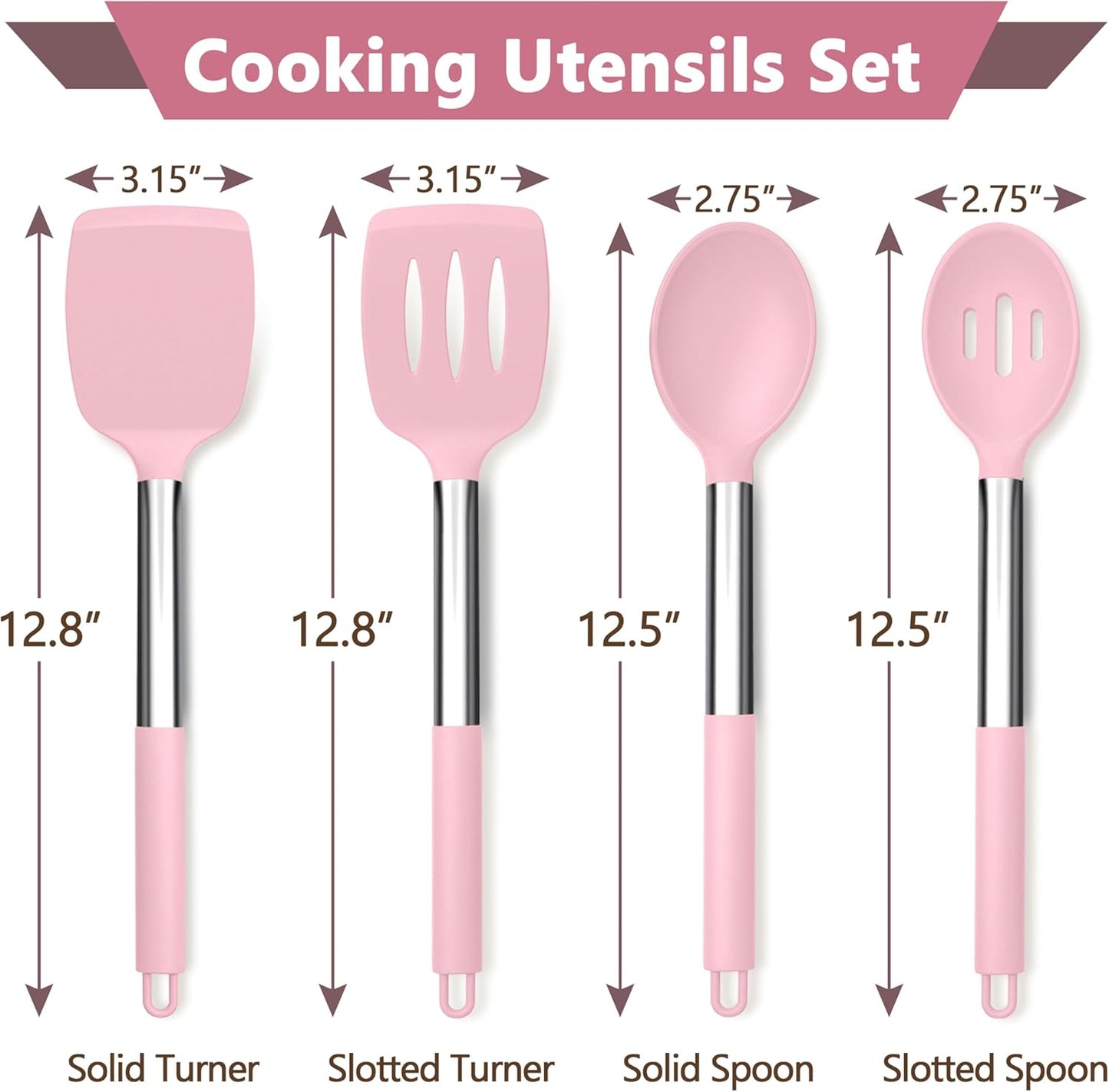 P&P CHEF Black Kitchen Cooking Utensil Set of 4, Silicone Solid Spatulas Slotted Spoons Turners for Non-stick Cookware Flipping Mixing, Heat-proof