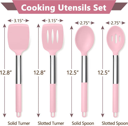 P&P CHEF Black Kitchen Cooking Utensil Set of 4, Silicone Solid Spatulas Slotted Spoons Turners for Non-stick Cookware Flipping Mixing, Heat-proof