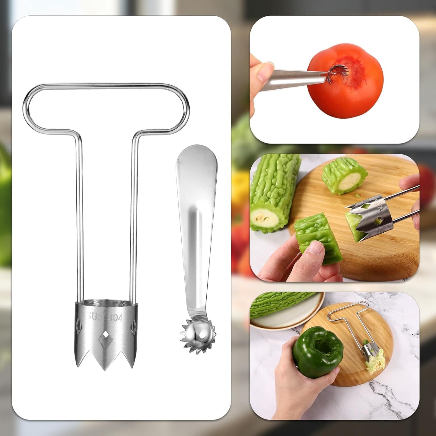 2pcs Red Bell Pepper Seed Corer Set, Stainless Steel T-Shape and Spoon-Shape Fruit Vegetable Stem Remover Practical Kitchen Gadget Tool for Pepper Pineapple Pear Apple Tomato Core Pit Remover