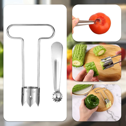 2pcs Red Bell Pepper Seed Corer Set, Stainless Steel T-Shape and Spoon-Shape Fruit Vegetable Stem Remover Practical Kitchen Gadget Tool for Pepper Pineapple Pear Apple Tomato Core Pit Remover