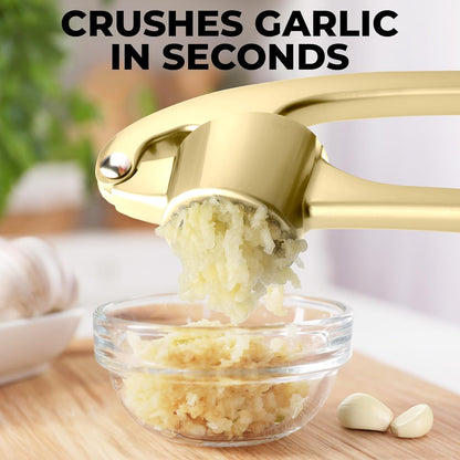 Zulay Kitchen Premium Garlic Press Set - Rust Proof Professional Garlic Mincer Tool - Easy-Squeeze, Easy-Clean with Soft, Ergonomic Handle - Silicone Garlic Peeler & Brush (Silver)
