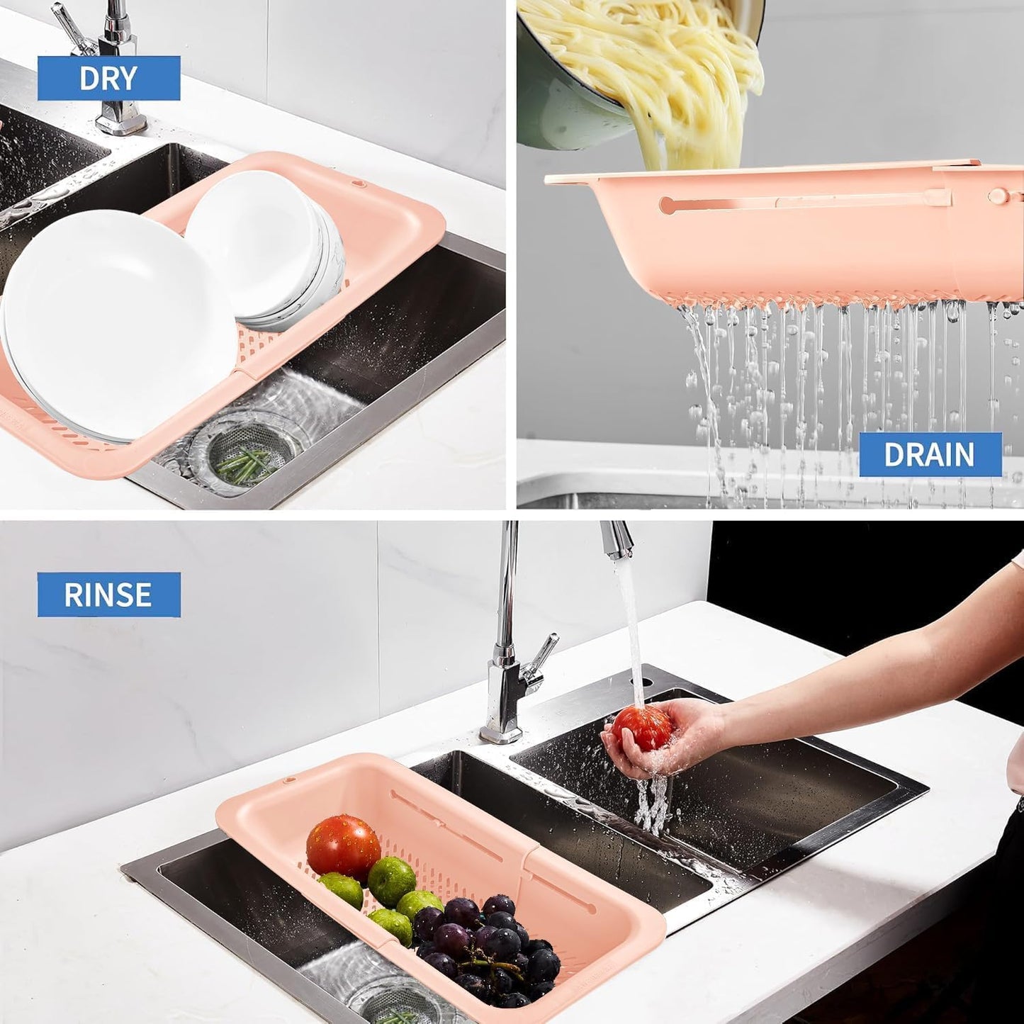 LASSHSWA Collapsible Colander for Kitchen, Over the Sink Strainer Basket for Kitchen, Fruit Pasta Food Strainer Expandable Plastic Colander BPA Free (Black)