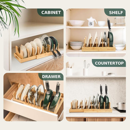 Wisreach Bamboo Pot Lid Organizer, Adjustable Kitchen Organizer for Cabinet, Expandable Pot and Pan Storage Rack, Kitchen Organization for Lids, Bakeware, and Cutting Boards