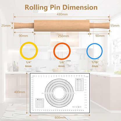 Classic Wooden Rolling Pin with Handle and Pastry Mat for Fondant, Pizza, Pies, Cookies, Rolling Pin for Baking with 3 Multi-Color Thickness Rings, 17" x 2.5" Natural Beechwood