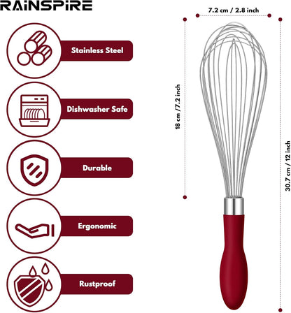 Rainspire 12-Inch Wire Whisk Stainless Steel, Balloon Whisks for Cooking, Wisk Wisking Tool With Soft Silicone Handle, Thick Durable Whisker for Blending, Beating, Whisking, Stirring, Pink