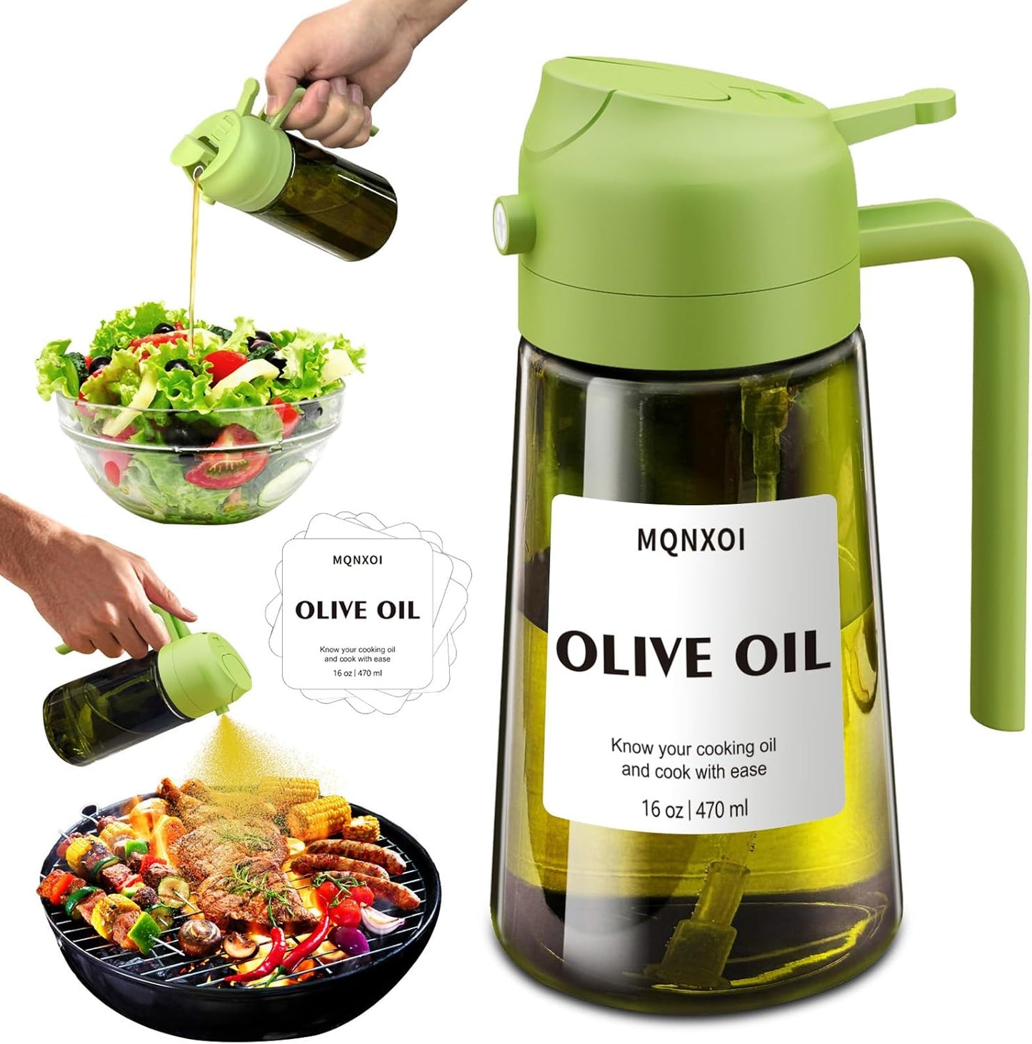 mqnxoi Oil Sprayer for Cooking, 2 in 1 Olive Oil Dispenser Bottle for Kitchen, 16oz/470ml Premium Glass, Food-grade Oil Mister for Air Fryer, Salad, Frying, BBQ (Black + Dark Green Bottle)
