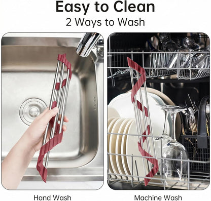 Tomorotec Triangle Foldable Dish Drying Rack, Small Roll-Up Stainless Steel Over Sink Drainer for Kitchen Sink Corner, Rustproof Multipurpose Organizer(Pink)
