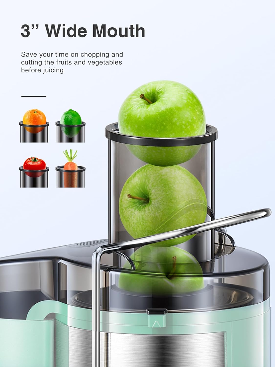 Qcen Juicer Machine, 500W Centrifugal Juicer Extractor with Wide Mouth 3” Feed Chute for Fruit Vegetable, Easy to Clean, Stainless Steel, BPA-free (Black)