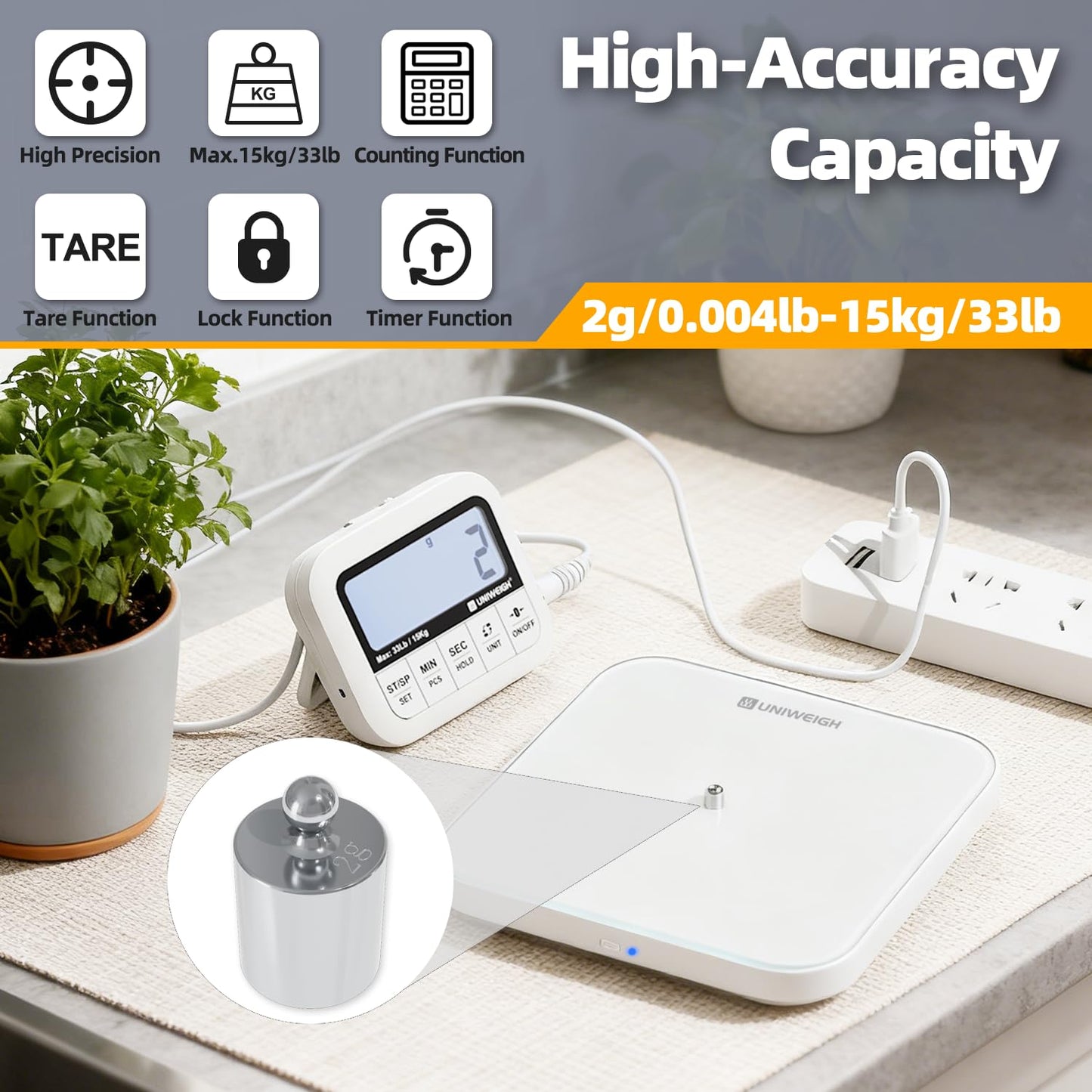 UNIWEIGH Digital Kitchen Food Scale 33lb-Detachable LCD Display,1g/0.1oz Precise Electronic Weight Scale for Baking, Tare/Hold/Timer Function, Glass Platform, Count Mode, Wall-Mount & Tilt Stand