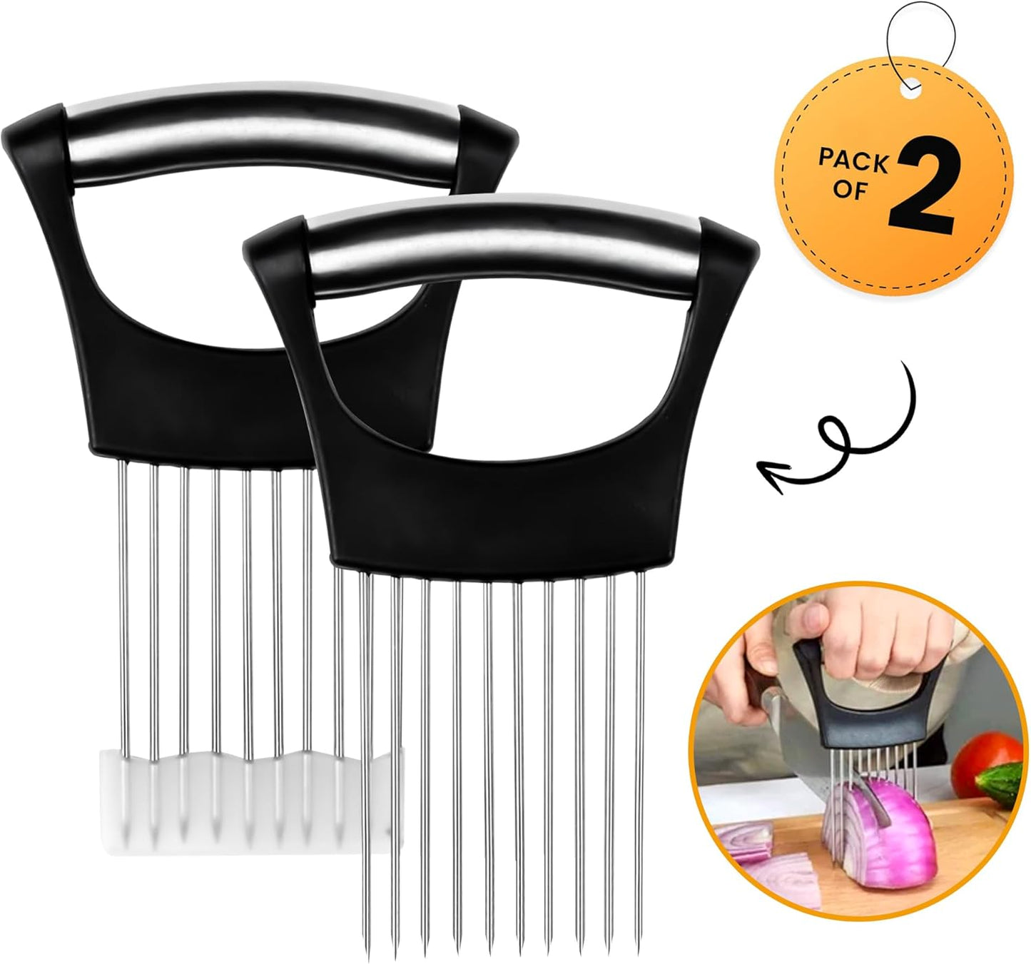 Onion Holder for Slicing (2 Pack) - Stainless Steel Vegetable Slicer Guide, Tomato/Potato/Lemon/Meat Holder - Safe, Even Cuts Kitchen Gadget