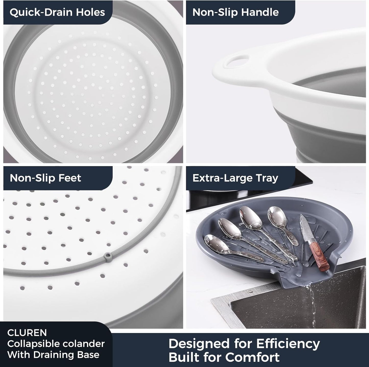 Collapsible Colander Set with Oversized Draining Tray | 3-Pack Foldable Kitchen Strainers + Base | Space Saving for Pasta, Veggies, Fruit & Rice | 5 Colors (Gray-White)