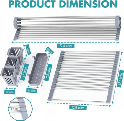 Havenity™ Expandable Roll Up Dish Drying Rack for Small Sinks - Expandable 12.8 to 22.8 Inch Over Sink Rack, Fits Apartments, RVs and Office Kitchens, Stainless Steel, 2 Baskets