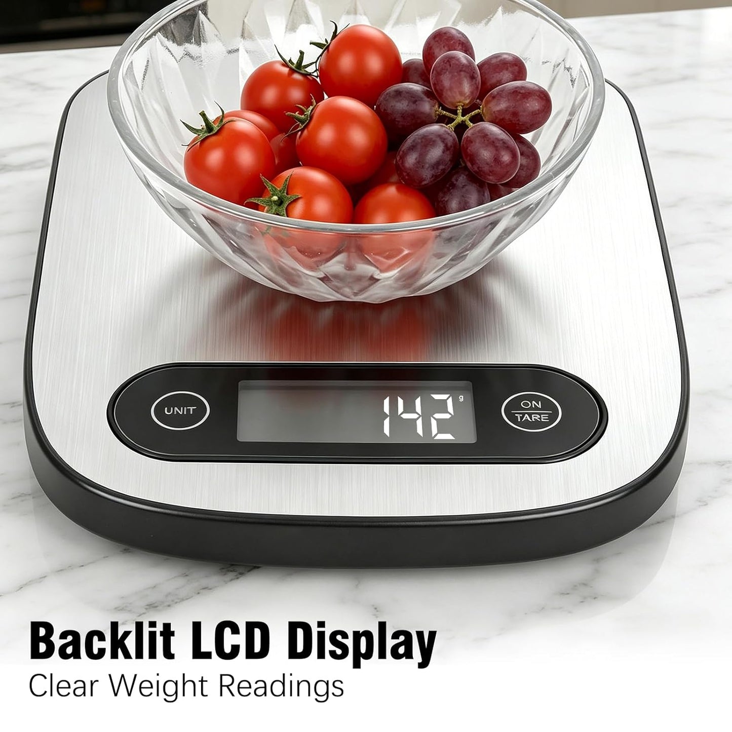 Food Scale, 11lb Kitchen Scale with 6 Units Tare Function & Backlit LCD, Precise 1g Stainless Steel Digital Scale, Hanging Design for Baking, Cooking, Healthy Eating and Meal Prep (Batteries Included)