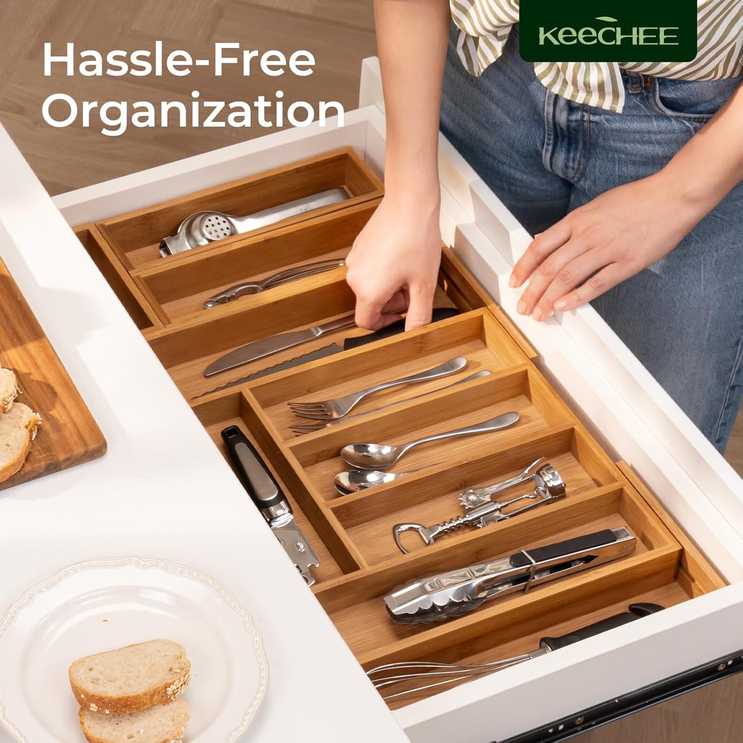 keechee Carbonized Bamboo Kitchen Drawer Organizer, 10 Slots Expandable Silverware Organizer, Utensil Holder & Cutlery Tray, 2.2" Deep for Extra Capacity, Non-Slip Feet Included