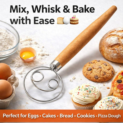 Danish Dough Whisk for Sourdough Bread – Stainless Steel Manual Dough Mixer with Wooden Handle 13 Inch Bread Mixing Tool for Pizza Baking & Artisan Dough