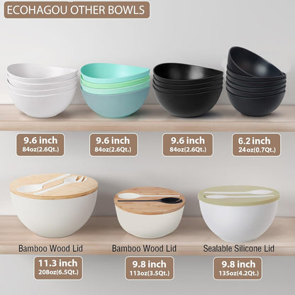 11.3" Extra Large Salad Serving Bowl Set with Wooden Lid&Utensils, 6.5Qt., Bamboo Fiber Salad Bowl with Servers for Kitchen, Lightweight Big Bowl for Mixing Salad,Fruit,Pasta - Matte White