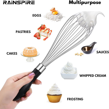 Rainspire 12-Inch Wire Whisk Stainless Steel, Balloon Whisks for Cooking, Wisk Wisking Tool With Soft Silicone Handle, Thick Durable Whisker for Blending, Beating, Whisking, Stirring, Pink