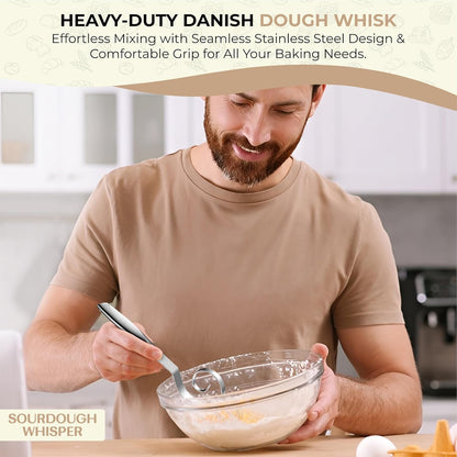 Sourdough Accessories | Seamless Danish Sourdough Bread Whisk, Silicone Dough Scraper & Sourdough Scoring Tool with 5 Blades + Storage Bag (Sourdough bread lame Kit) | Bread baking supplies