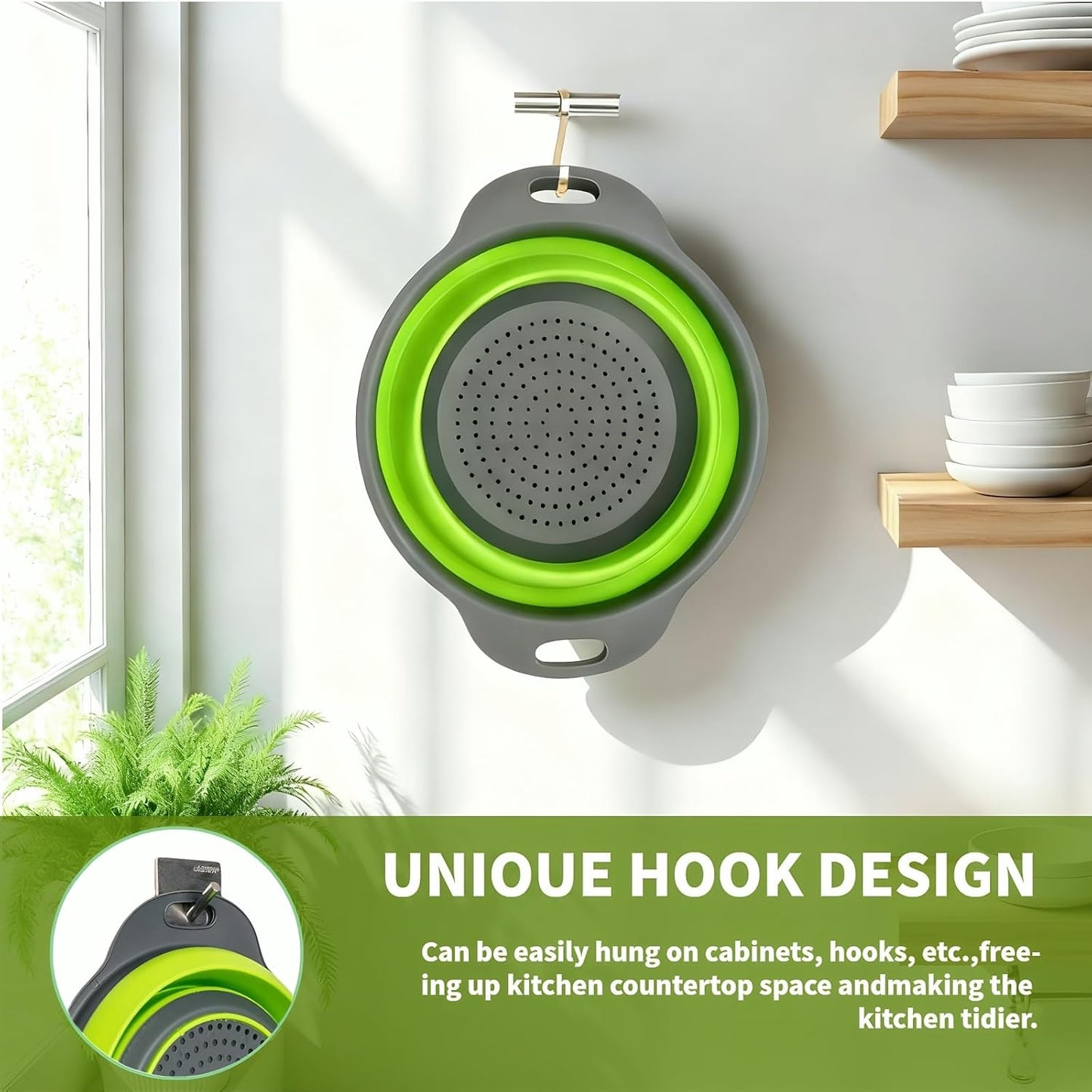 Silicone Colander Collapsible Strainers Set for Kitchen- 2 Pack (5Qt) -Over Home Draining Basket, Food Vegetables & Fruits-Dishwasher Safe, Space Saving Design (Greeen)