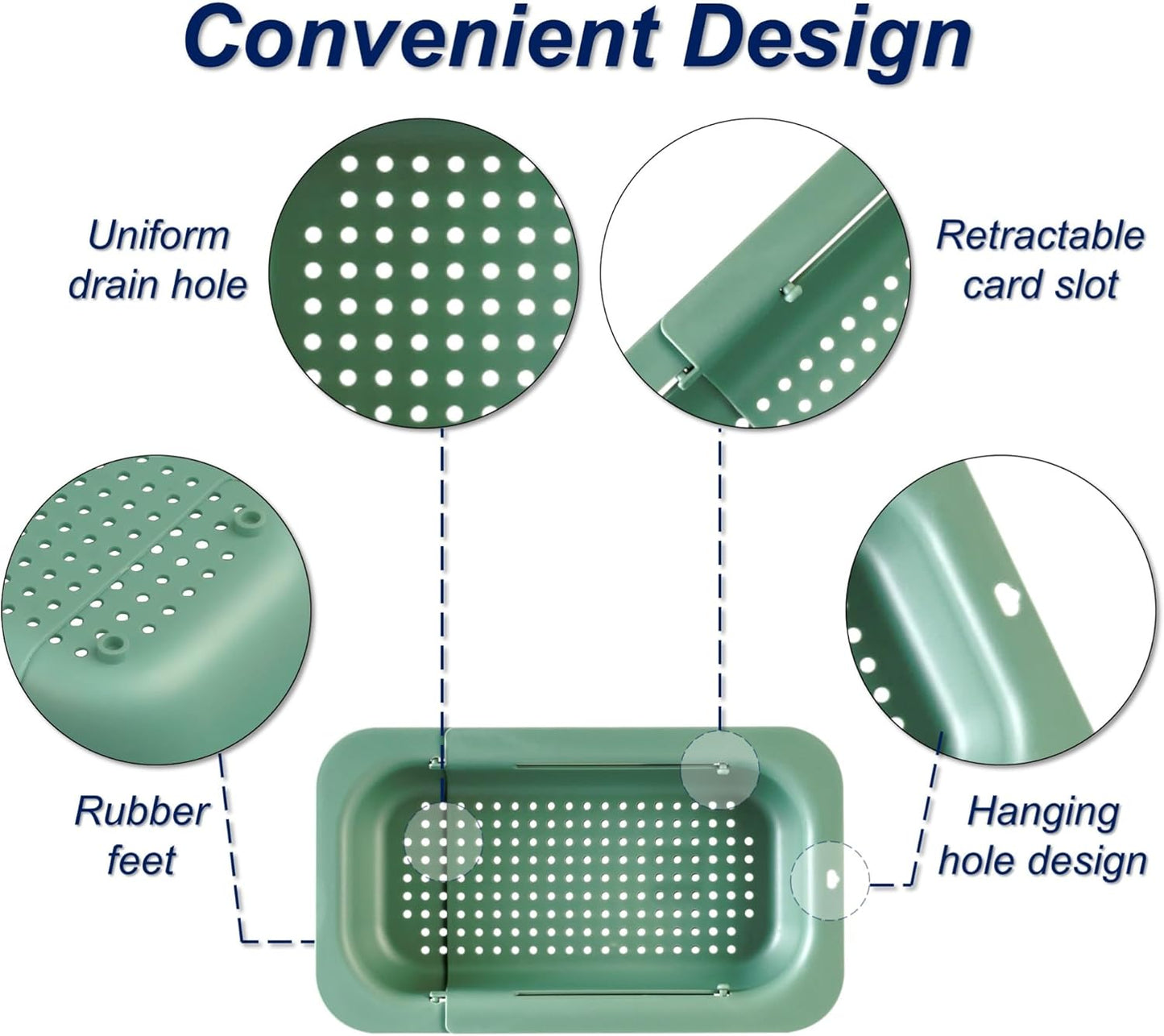 Extendable Sink Colander Strainer Basket - Wash Vegetables and Fruits, Drain Cooked Pasta and Dry Dishes - Adjustable Over the Sink Colander Collapsible Drainer Basket -Gray
