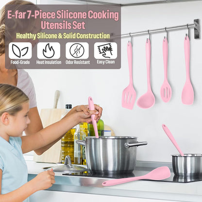 E-far Silicone Cooking Utensils Set, 7-Piece Black Heat Resistant Kitchen Utensils Set, Kitchen Nonstick Tools Spatula Ladle Spoon Pasta Server for Non-stick Cookware, Non-Toxic & Dishwasher safe