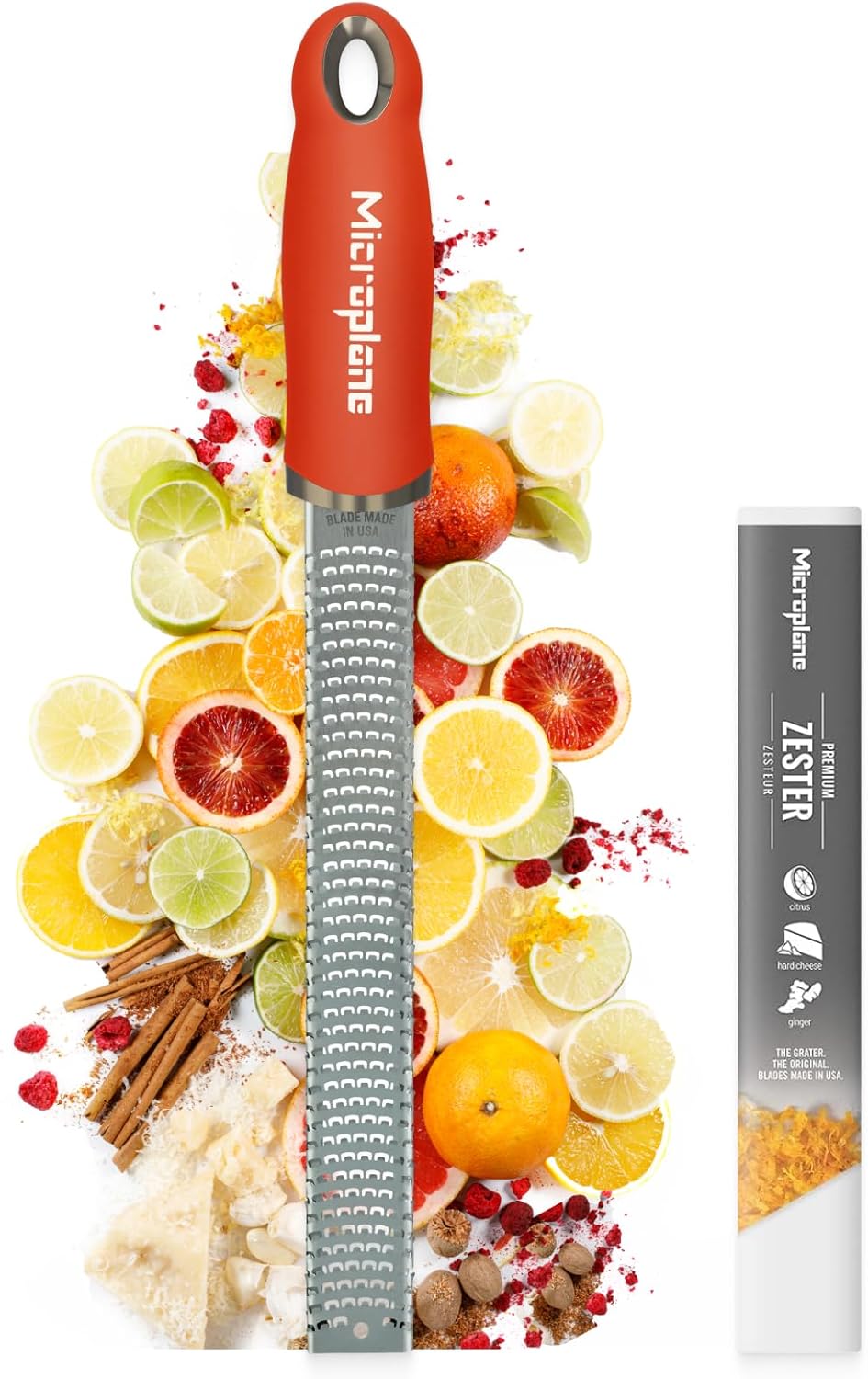 Premium Classic Series Zester - Pomegranate Red | Lemon Zester tool, Hard Cheese & Vegetable Grater | For Citrus, Parmesan Cheese, Garlic, Ginger, Nutmeg | Fine Stainless Steel Blade, Made in USA