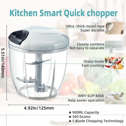 Manual Food Processor Vegetable Chopper, Hand Pull String Garlic Mincer Cutter for Veggies, Fruits, Nuts, Meat, Salad,500ml Gray