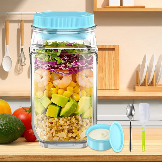 FNHMSL Side-Opening Mason Salad Jar, Portable (35 oZ) 1000ml Salad Container with Leakproof Dressing Cup, Includes Spoon and Cleaning Brush, Perfect for Meal Prep, Gym, Office, Picnic and Travel
