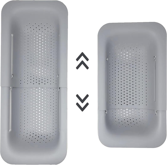 Makerstep Over the Sink Colander Strainer Basket - Expandable, Wash, Drain, and Dry. - New Home Kitchen Essentials, Multifunctional Kitchen Gadgets, Grey 14.25x8