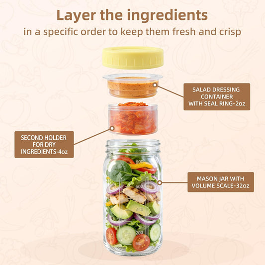 4Pack Glass Salad Jars with lids meal prep- 32oz Leakproof container for lunch | Comes with 2 Built-In Compartments for Wet/Dry Separation | salad dressing and dry ingredients storage.