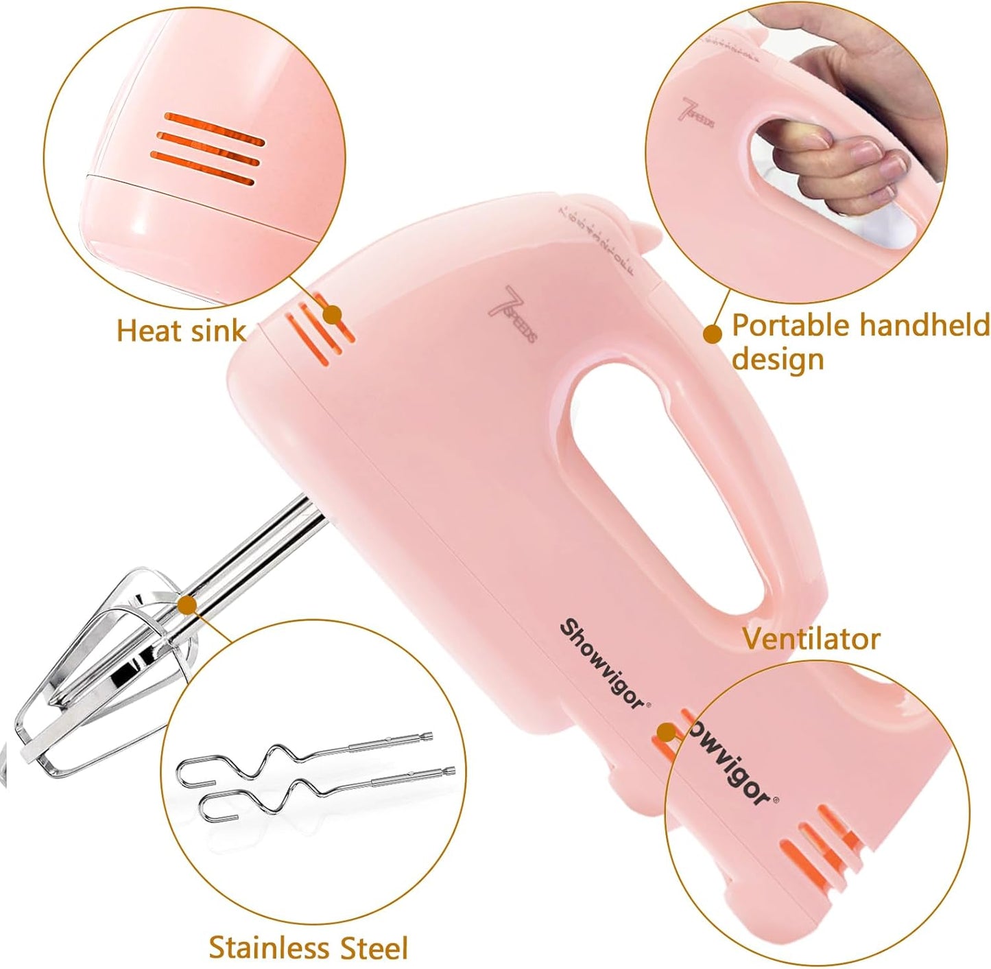 Showvigor Electric Hand mixer - 7 Adjustable Speed 180W Handheld Mixer Electric Whisk with 5 Stainless Steel Accessories, Turbo Boost/Self-Control Speed + Eject Button Food Beater for Cakes Eggs