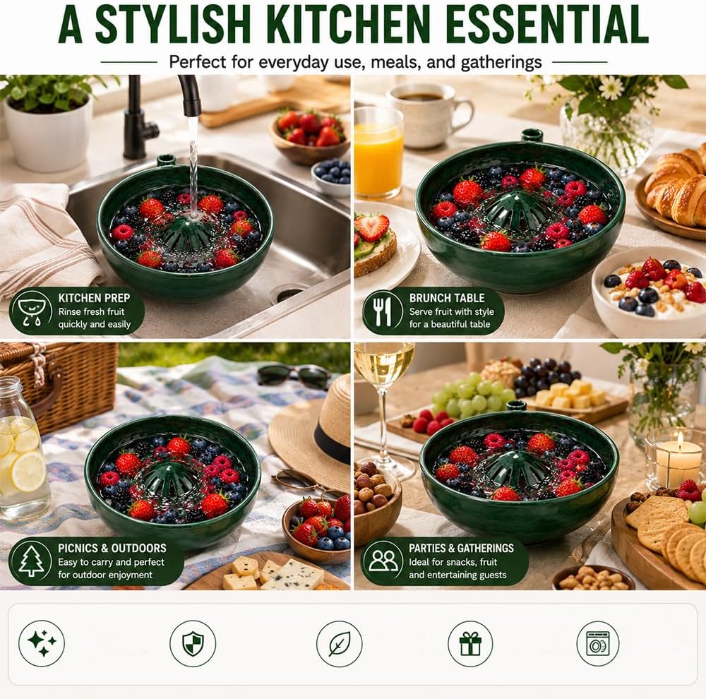 Self Spinning Berry Washing Bowl Ceramic with Drain Holes, Automatic Berry Wash Bowl for Fruits & Vegetables (1PC)