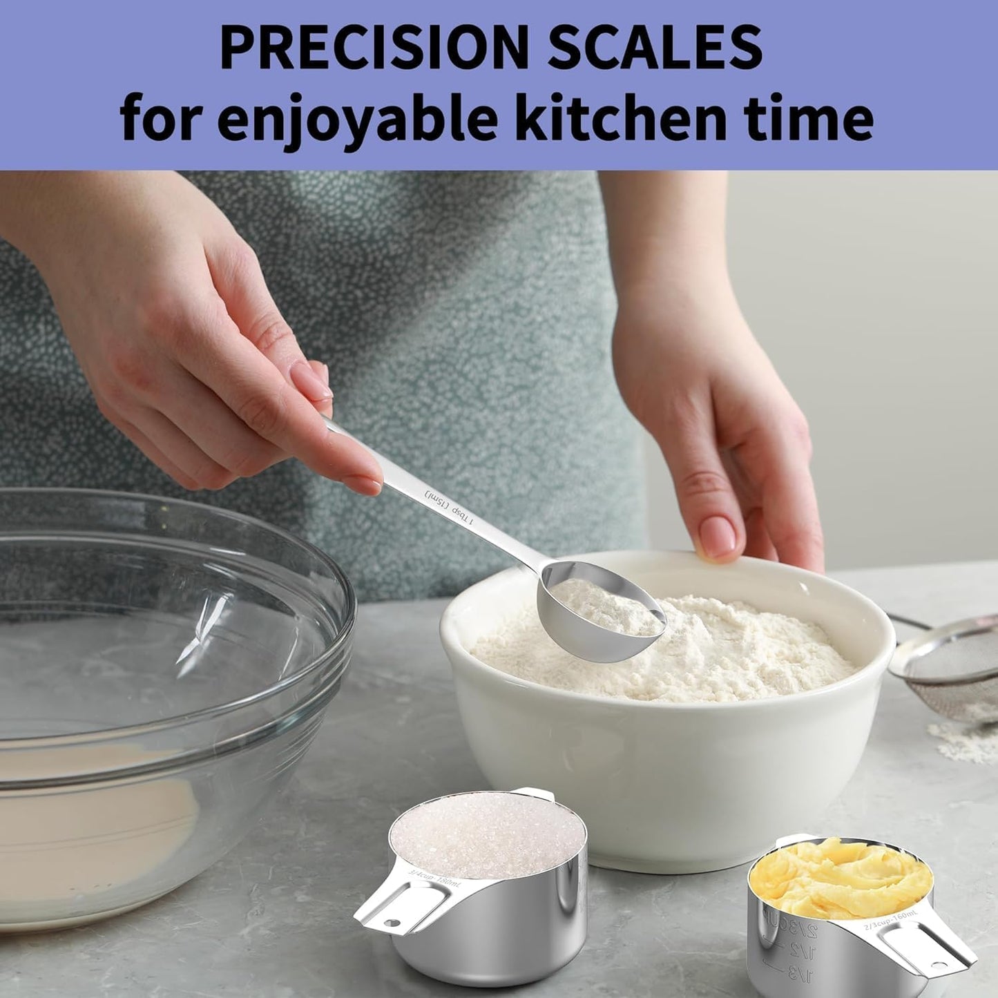 Stainless Steel Measuring Cups and Spoons Set, 6 Stainless Steel Measuring Cups, 7 Measuring Spoons & 1 Leveler, 3 Plastic Measuring Cup with 1 Measuring Conversion Chart