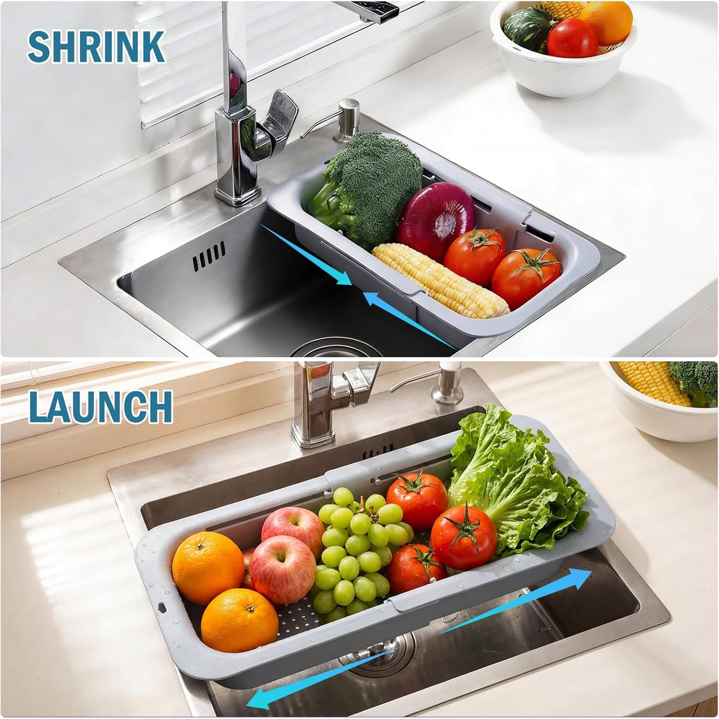 Extendable Over Sink Colander, 13.58"-18.9" Adjustable Strainer Basket for Washing Fruits & Draining Pasta, Fits Most Kitchen Sinks (Grey, 1 Pack)